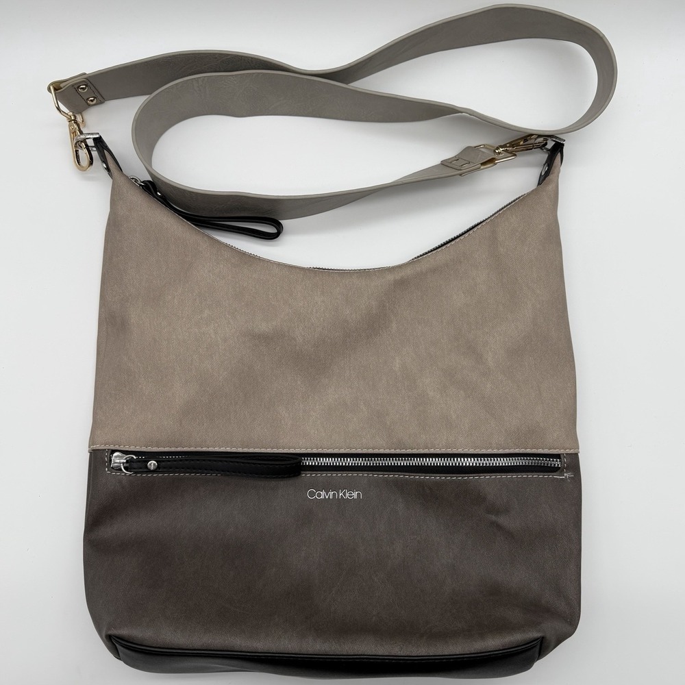 Calvin Klein Elaine Hobo Large Shoulder Bag Slouchy Hobo Wide Strap Gray Combo